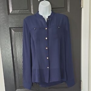 Forever 21 Navy Button-Front Long-Sleeve Blouse